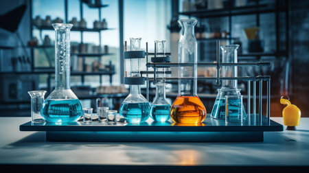 Chemistry beakers, transparent vessels filled with colorful liquids. Precision reigns as scientists measure, mix, and explore the captivating dance of reactions within the scientific workspace.の素材