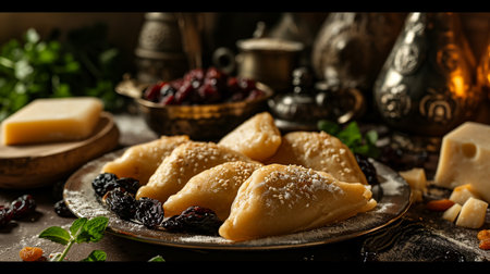 Qatayef, Middle Eastern pancakes. Soft, folded delights, brimming with sweet cheese or nuts. Perfumed with orange blossom water, a delectable treat for celebrations.の素材