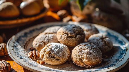 Polvorones, Spanish shortbread delights. Buttery, crumbly cookies dusted with powdered sugar. A melt-in-your-mouth experience, revealing a hint of almond or citrus essence.の素材