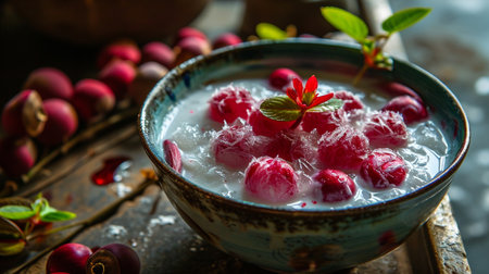 Tub Tim Krob, Thai dessert masterpiece. Ruby-like water chestnut rubies float in sweet coconut milk, crowned with ice. A refreshing, vibrant delight.の素材
