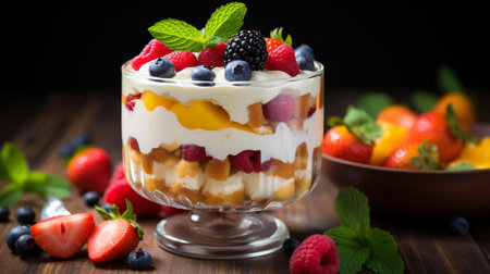 Whipped cream hugs layers of sponge cake, fruit, and custard in a glass trifle. A symphony of textures and flavors, a sweet journey in every spoonful.の素材