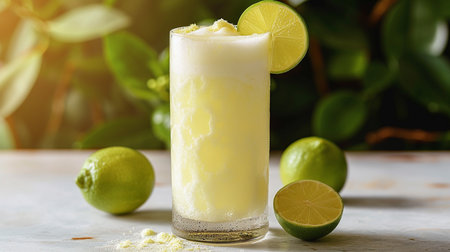 Zesty Brazilian lemonade, a viral hit. Tropical blend of limes, condensed milk, and ice. Served in a glass, garnished with lime slices, it's a tangy, sweet symphony enchanting taste buds globallyの素材