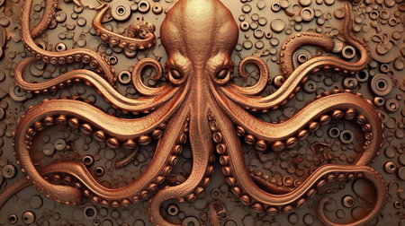 Copperplate octopus art, intricate lines etch lively details, capturing the wild spirit. A masterpiece in copper hues, it breathes primal energy onto the metal canvas with skilled precision.の素材