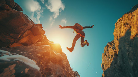 Solo climber conquers rugged peak, scaling barren heights with determination. Majestic mountain backdrop amplifies the triumph of the human spirit.の素材