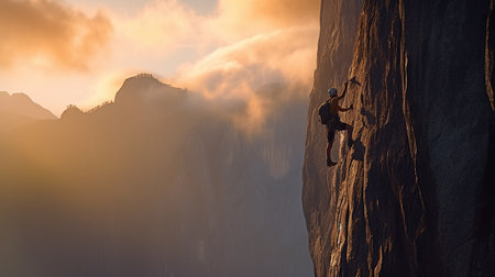 Solo climber conquers rugged peak, scaling barren heights with determination. Majestic mountain backdrop amplifies the triumph of the human spirit.の素材