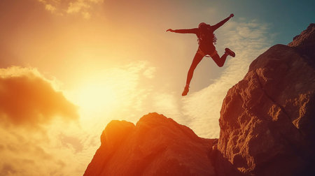 Solo climber conquers rugged peak, scaling barren heights with determination. Majestic mountain backdrop amplifies the triumph of the human spirit.の素材