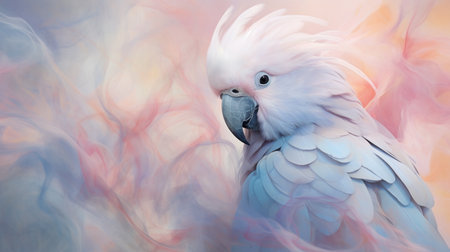 A vibrant cockatoo perches amidst ethereal swirls of colorful smoke, creating a vivid spectacle of tropical beauty. A whimsical fusion of exotic grace and mesmerizing ambiance.の素材