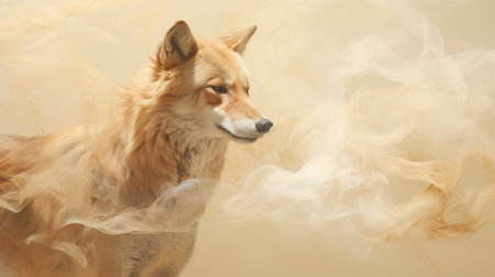 A coyote prowls through swirling smoke, embodying the untamed spirit of the wilderness. A captivating blend of wilderness allure and mysterious ambiance.の素材
