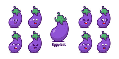 Cute funny happy smiling funny eggplant isolated on white background. Vector flat cartoon eggplant character icon design collection.のイラスト素材