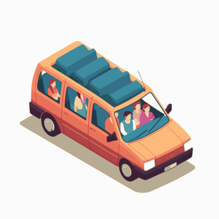 Car icons. Flat 3d isometric high quality city transport. Sedan, van, cargo truck, off-road, bus, scooter, motorbike, riders. Set of urban public and freight transportのイラスト素材