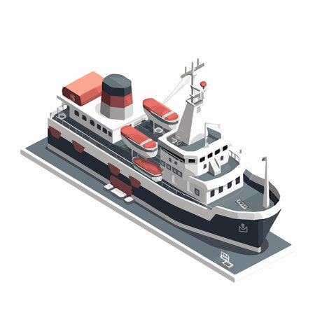 Vector isometric icon set or infographic elements representing low poly cargo container ship, oil tanker ship, passenger cruise ship, ferry loaded with cars and oil platformのイラスト素材