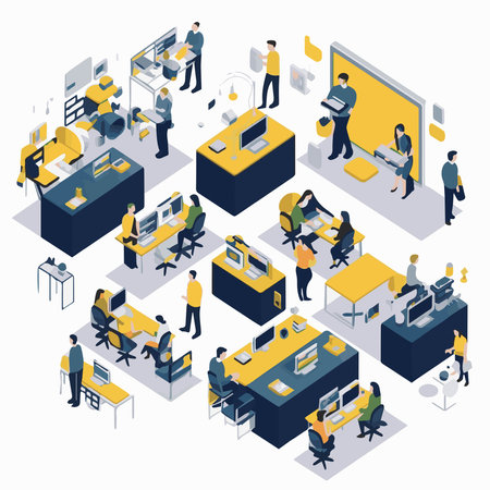People in open space office concept design. Can use for web banner, infographics, hero images. Flat isometric vector illustration isolated on white background.のイラスト素材