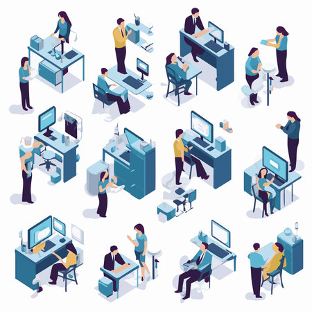 People in open space office concept design. Can use for web banner, infographics, hero images. Flat isometric vector illustration isolated on white background.のイラスト素材