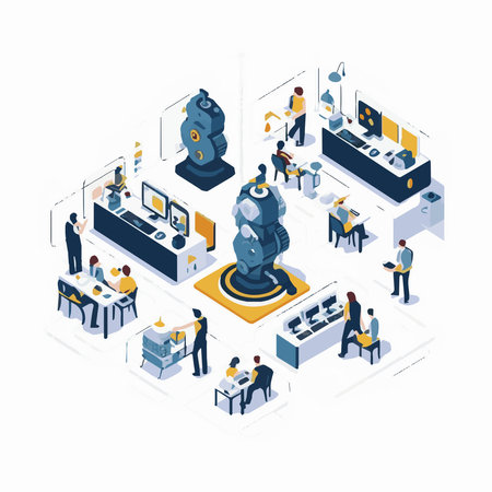 People in open space office concept design. Can use for web banner, infographics, hero images. Flat isometric vector illustration isolated on white background.のイラスト素材