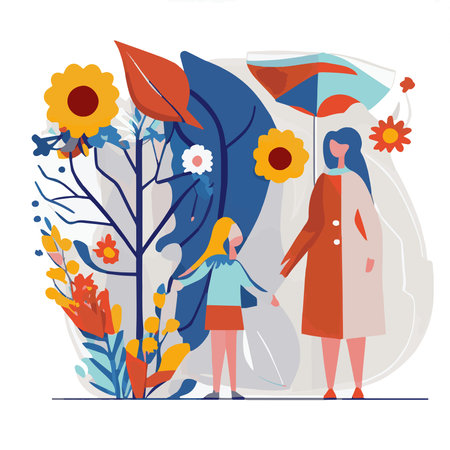 Mom's day. Women's Day. Vector flat illustration. Abstract backgrounds, patterns about mothers day. Hearts, abstract geometric shapes. Perfect for poster, label, banner, invitation. Mom with a child.のイラスト素材