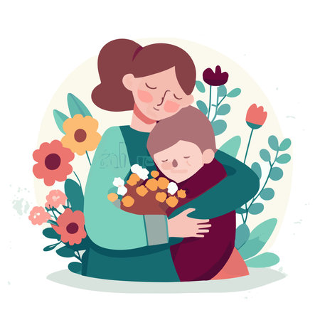 Mom's day. Women's Day. Vector flat illustration. Abstract backgrounds, patterns about mothers day. Hearts, abstract geometric shapes. Perfect for poster, label, banner, invitation. Mom with a child.のイラスト素材