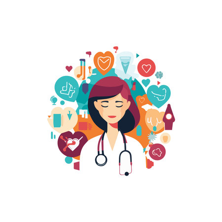 Vector illustration of flat colored icons with long shadows. Abstract medicine background with medical, health, healthcare, doctor, pills, cross symbols. Design elements for mobile, web applications.のイラスト素材