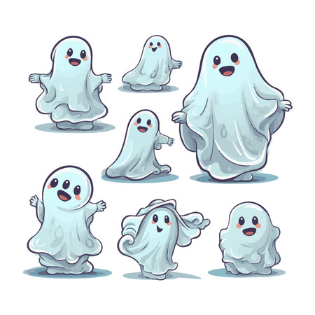 Big collection of simple flat ghosts. Halloween scary ghostly monsters. Cute cartoon spooky character.のイラスト素材