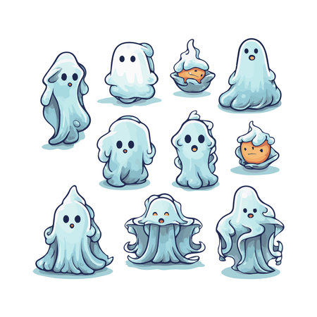 Big collection of simple flat ghosts. Halloween scary ghostly monsters. Cute cartoon spooky character.のイラスト素材