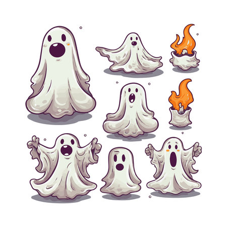 Big collection of simple flat ghosts. Halloween scary ghostly monsters. Cute cartoon spooky character.のイラスト素材