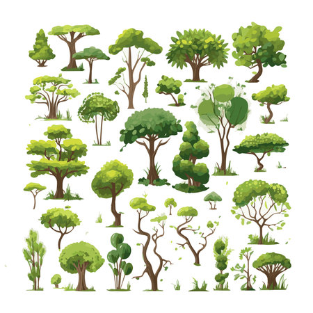 trees flat vector illustrations set. Exotic beach plants isolated design elements pack. Green leaves branches and trunks cartoon collection on white background.のイラスト素材