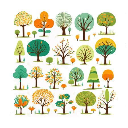 trees flat vector illustrations set. Exotic beach plants isolated design elements pack. Green leaves branches and trunks cartoon collection on white background.のイラスト素材