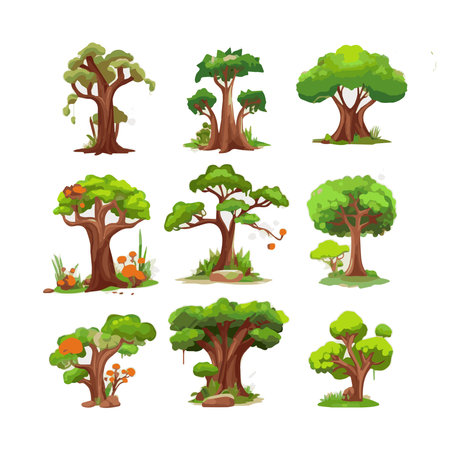 trees flat vector illustrations set. Exotic beach plants isolated design elements pack. Green leaves branches and trunks cartoon collection on white background.のイラスト素材