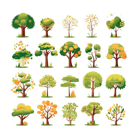 trees flat vector illustrations set. Exotic beach plants isolated design elements pack. Green leaves branches and trunks cartoon collection on white background.のイラスト素材