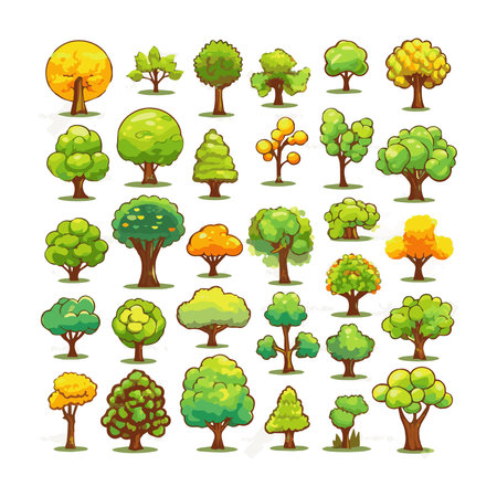 trees flat vector illustrations set. Exotic beach plants isolated design elements pack. Green leaves branches and trunks cartoon collection on white background.のイラスト素材