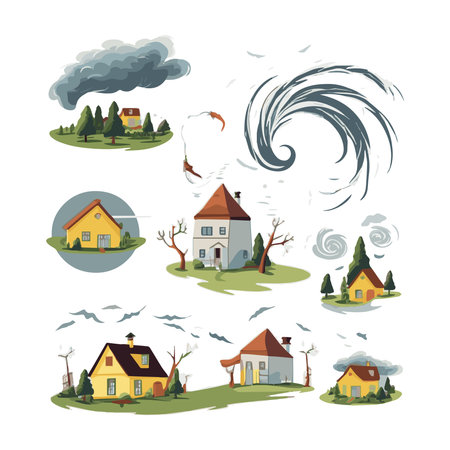 Natural disaster 3 flat horizontal banners set with freezing rain ice storm and tornado abstract isolated vector illustrationのイラスト素材