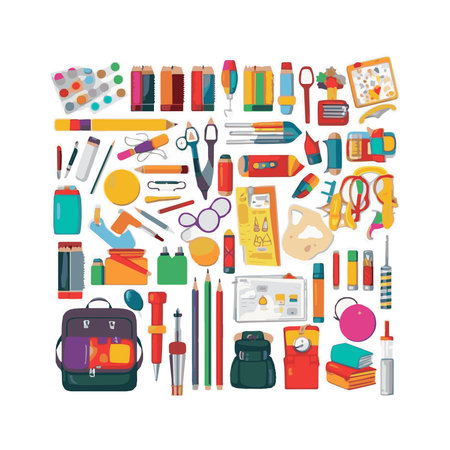 simple school supplies bundle isolated white backgroundのイラスト素材