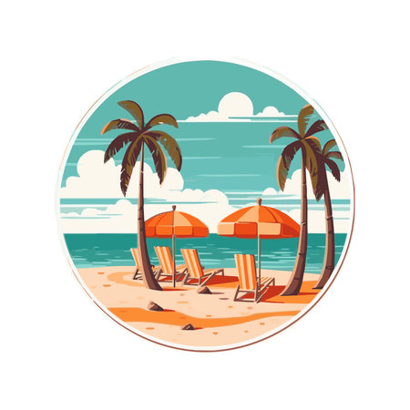 Summer time background. Blue sea and beach with stuff for summerのイラスト素材