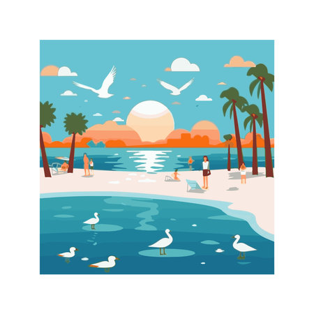 Summer time background. Blue sea and beach with stuff for summerのイラスト素材