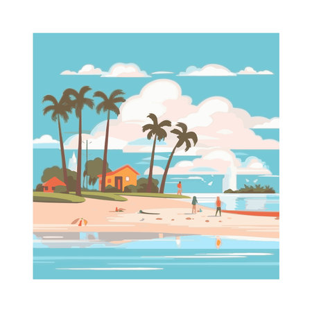 Summer time background. Blue sea and beach with stuff for summerのイラスト素材