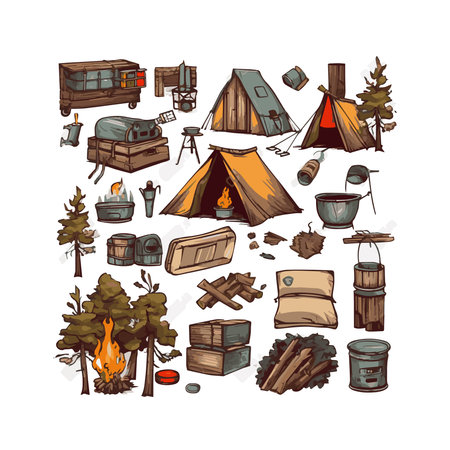 simple flat design camping equipment  cartoon  element isolated white background for background, template, webのイラスト素材