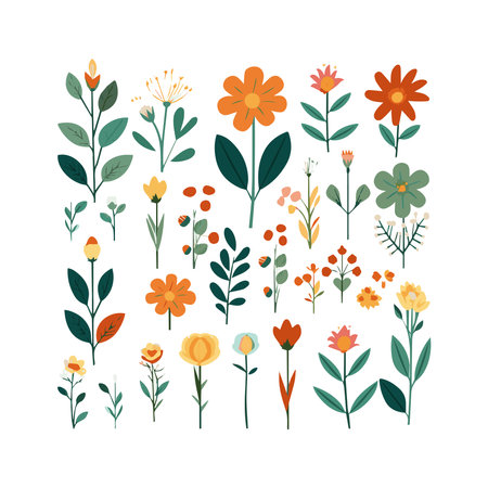 Flower collection with leaves, floral bouquets. Vector flowers. Spring art print with botanical elements. Happy Easter. Folk style. Posters for the spring holiday. icons isolated on white background.のイラスト素材
