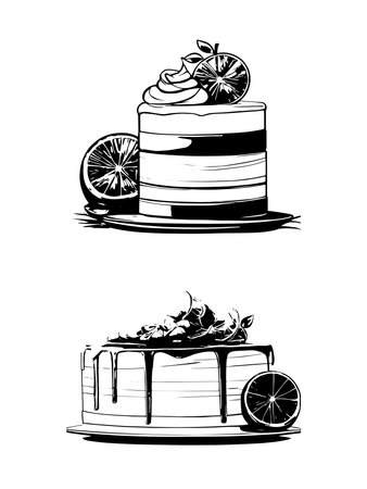 Cakes related icons: thin vector icon set, black and white kitのイラスト素材