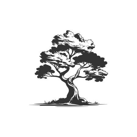 Isolated tree silhouettes. Black drawing of forest plants. Park scene elements. Graphic arts for natural landscape background. Garden design elements. Vector illustrationのイラスト素材