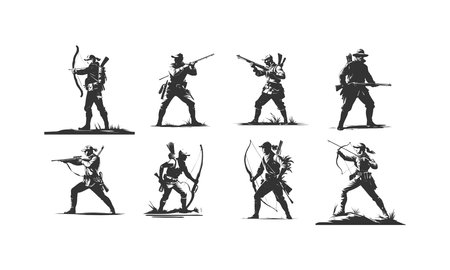 Silhouette Hunter, group of Hunter. Set of isolated vector silhouettes. Ink drawing. Team sportのイラスト素材
