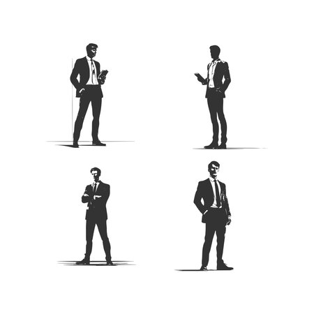 set of silhouettes of Journalist with different action, pose. isolated on white background. vector illustration.のイラスト素材