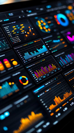 Data analytics dashboard displaying various charts and graphs on a laptop screen.