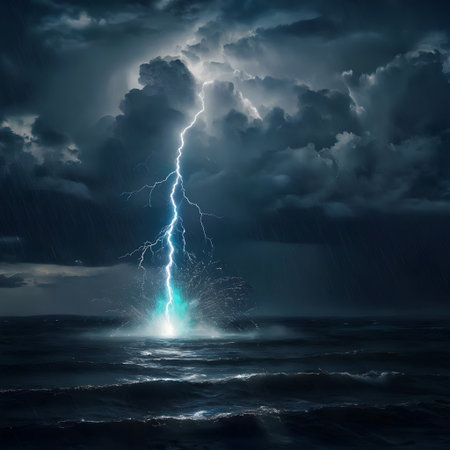 Stormy sky with lightning and stormy sea. 3D renderingの素材