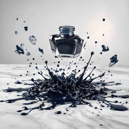 Black nail polish splashing out of a bottle. 3d renderingの素材