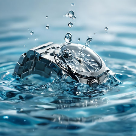 Wristwatch falling into water with splashes on a blue backgroundの素材