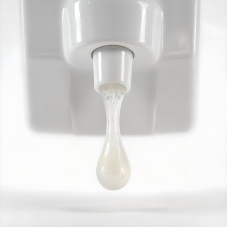 close up of white faucet and drop of water on white backgroundの素材