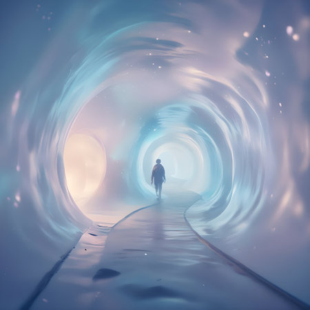 3D illustration of a man walking through a tunnel in space.の素材