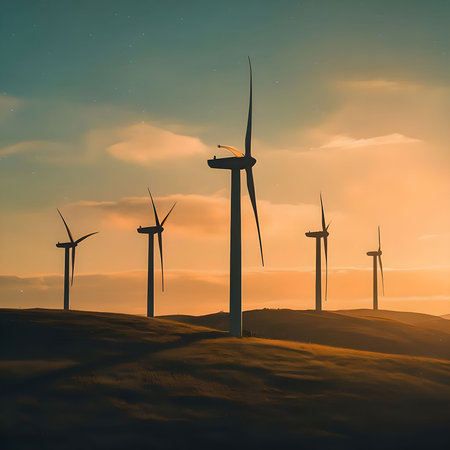 Wind turbines at sunset. Renewable energy concept. 3D Renderingの素材