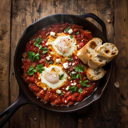 Shakshuka with egg, tomato and parsley in frying panの素材
