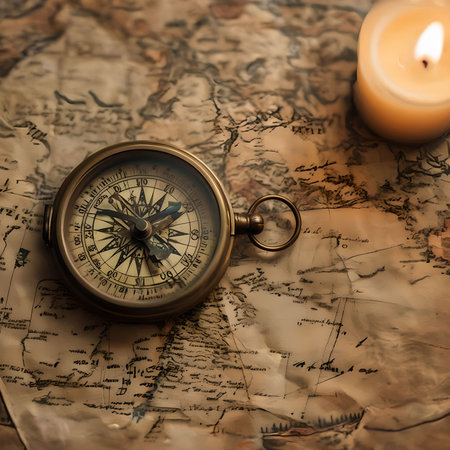 Vintage compass and candle on old map. Vintage travel concept.の素材