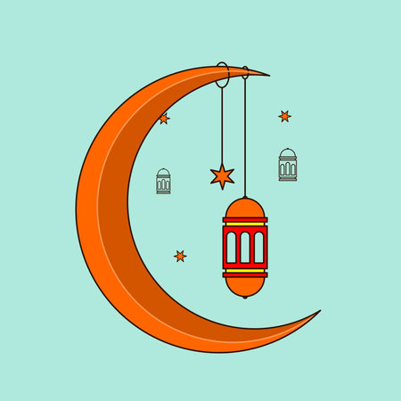 Ramadan Kareem greeting card. Crescent moon and lantern. Vector illustrationのイラスト素材